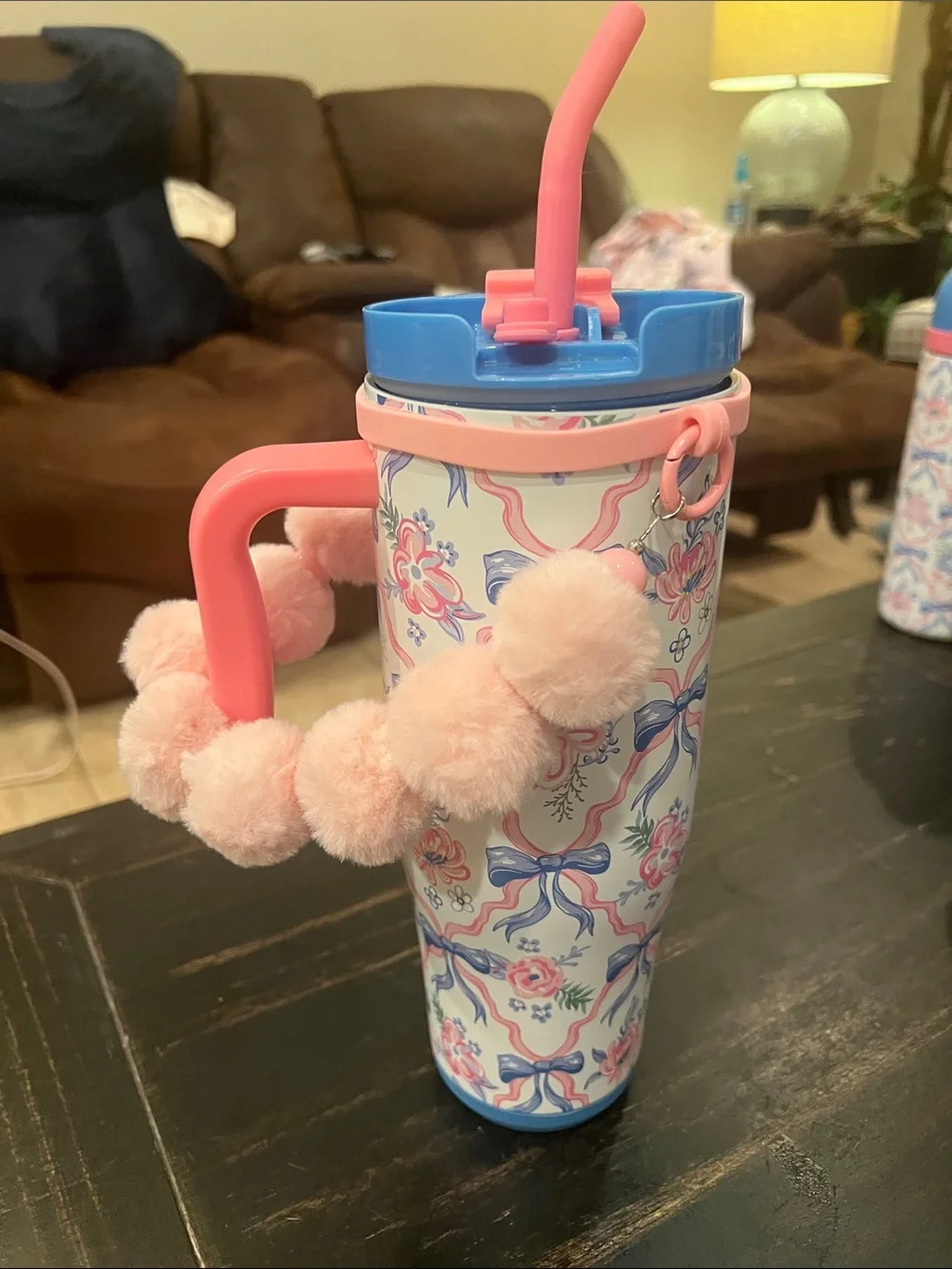 Simply Belle Pink & Blue Floral Insulated Tumbler with Pom Handle
